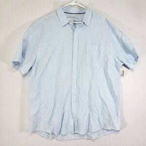 Amazon Essentials Mens SHORT Sleeve Button up Blue Checked Linen Blend SLIM‎ XXL